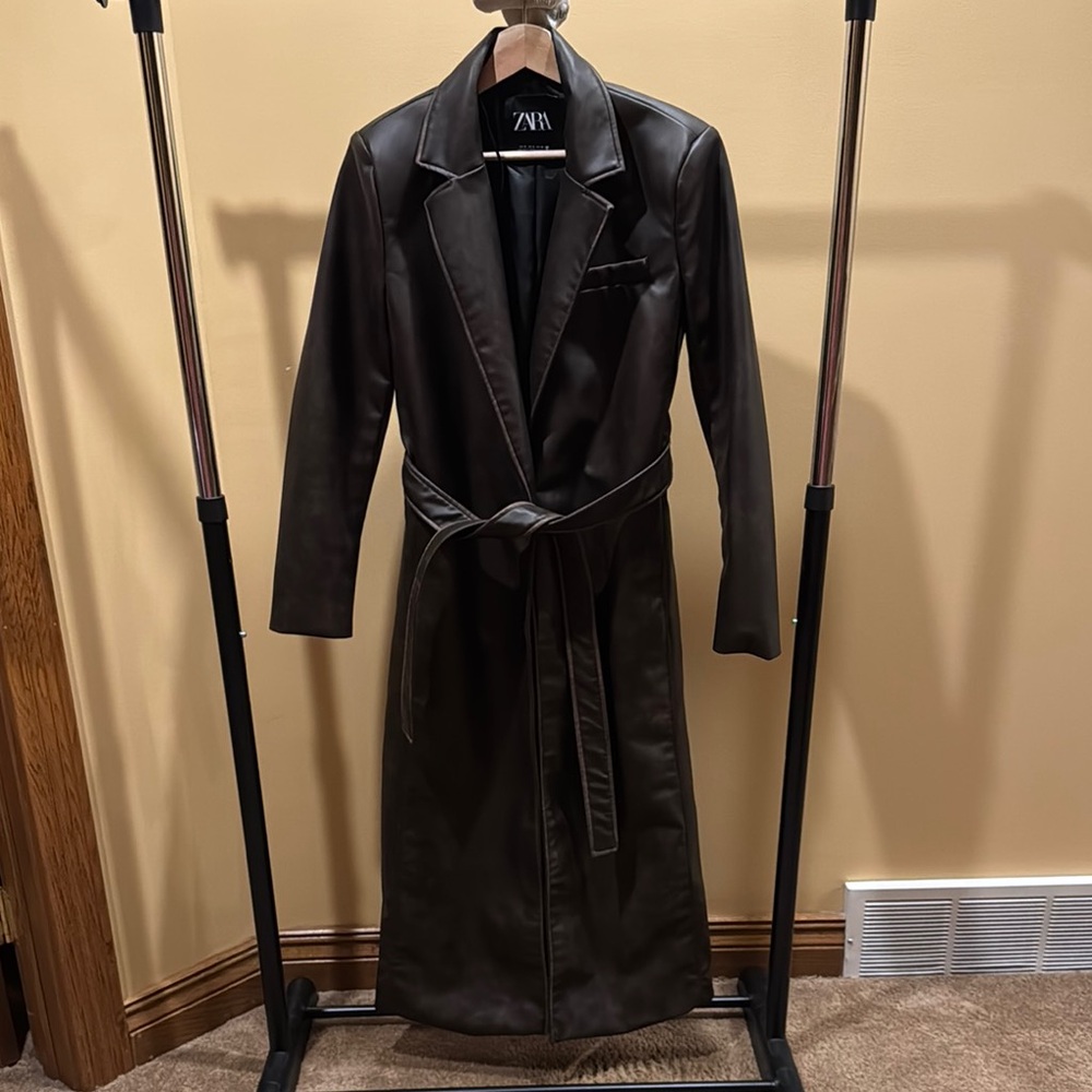 Zara women’s Brown faux leather Long Trench Coat | Size S